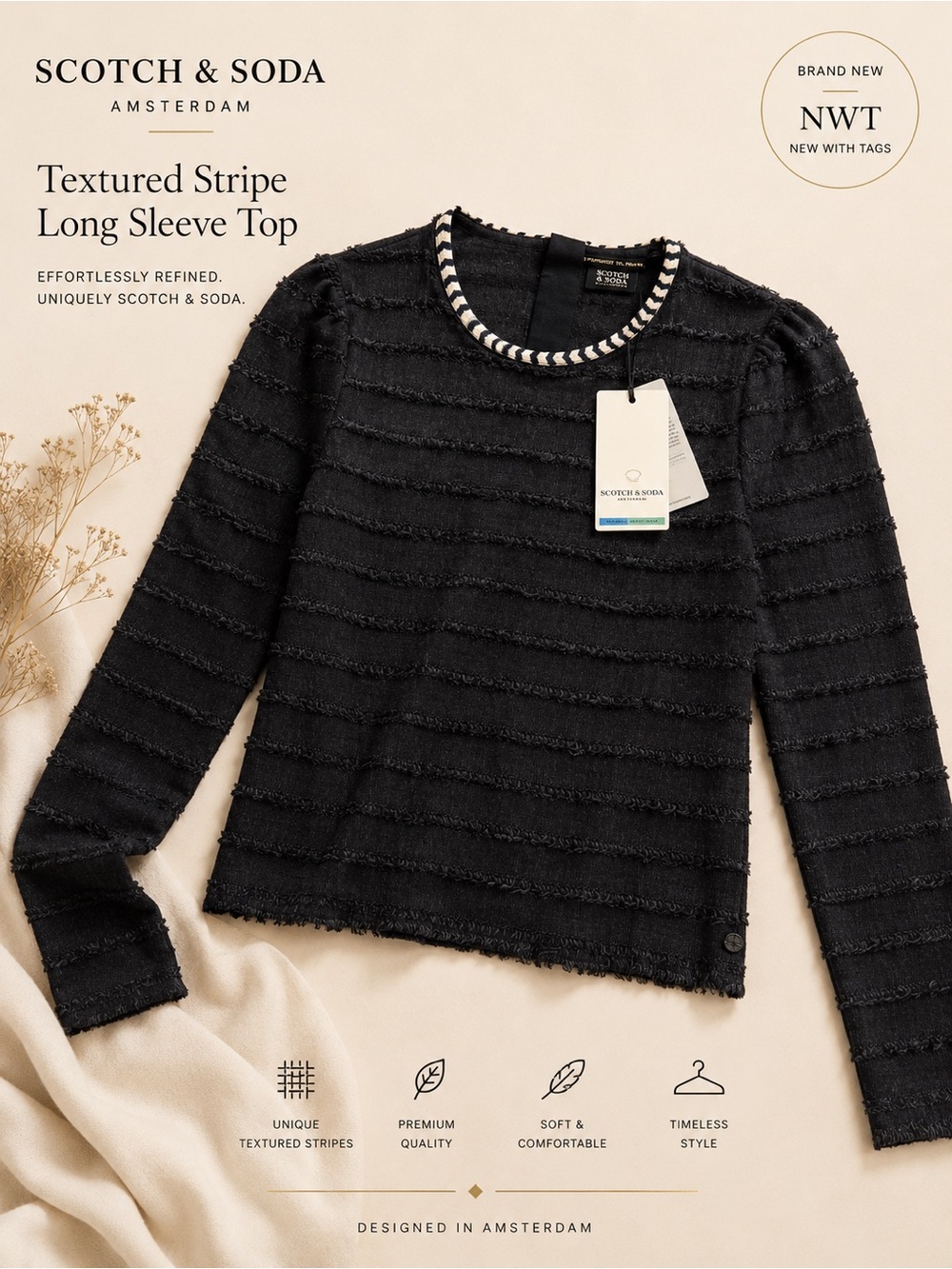 Scotch & Soda Black Textured Long-Sleeve Crewneck Top with Contrast Trim